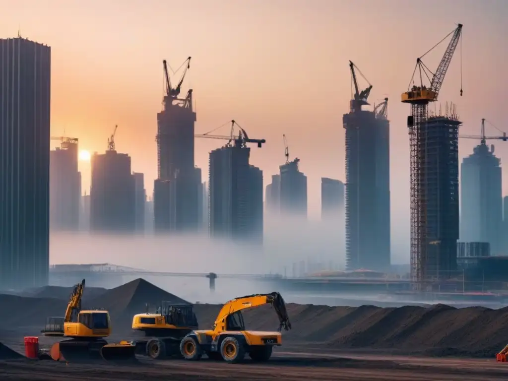 Metrópolis futurista en 8k: progreso y desarrollo urbano Vista panorámica de una ciudad futurista en construcción, con rascacielos, grúas y equipamiento urbano, iluminada por la hora dorada