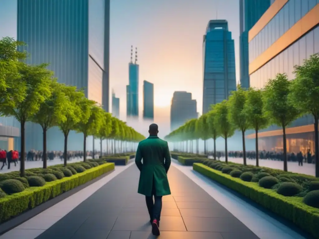 Cityscape futurista: rascacielos sostenibles al atardecer Vista panorámica de una ciudad futurista con rascacielos innovadores y sostenibles, rodeados de vegetación, durante el atardecer