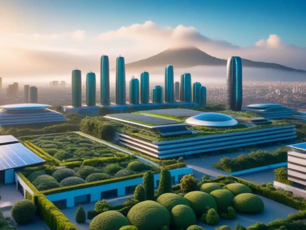 Horizonte futurista en México: arquitectura sostenible Vista panorámica de una ciudad futurista en México, con rascacielos ecológicos y jardines en azoteas, cumpliendo normativas ambientales desarrollo inmobiliario México