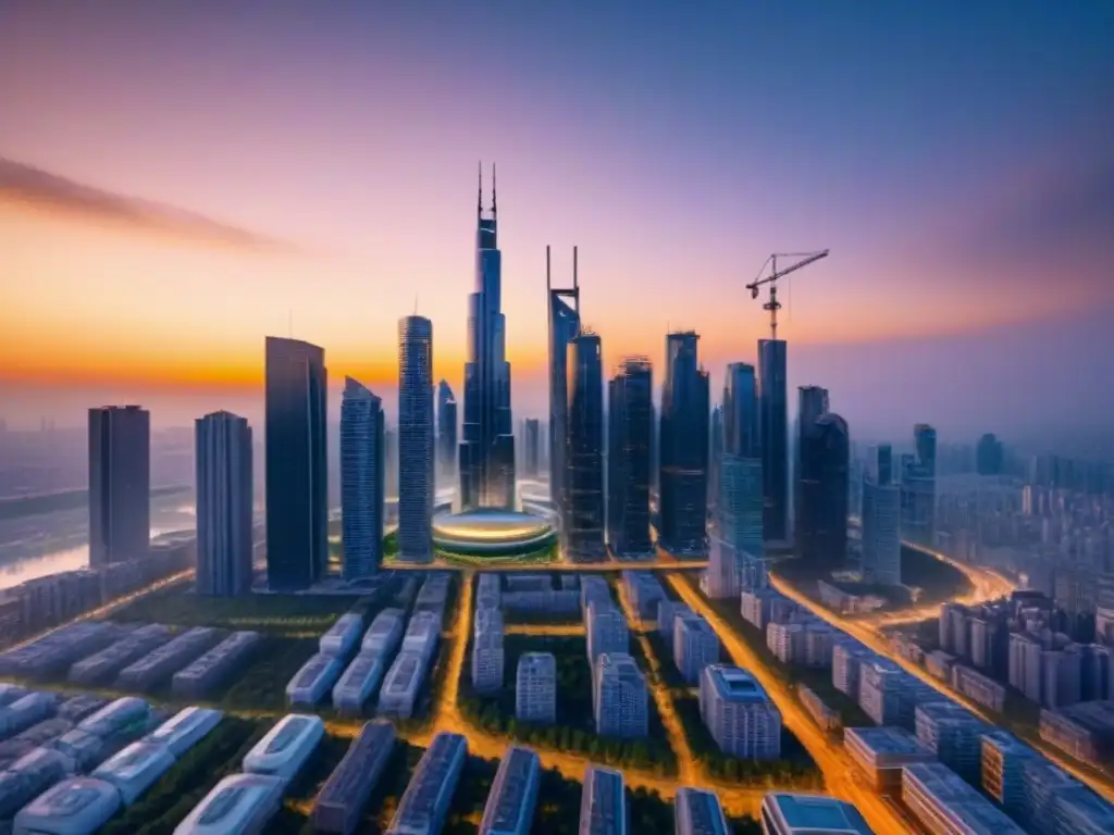 Metrópolis futurista: skyline dorado en 8k Vista panorámica de una ciudad futurista con rascacielos innovadores y espacios verdes, reflejando la ética inmobiliaria: tendencias y desafíos