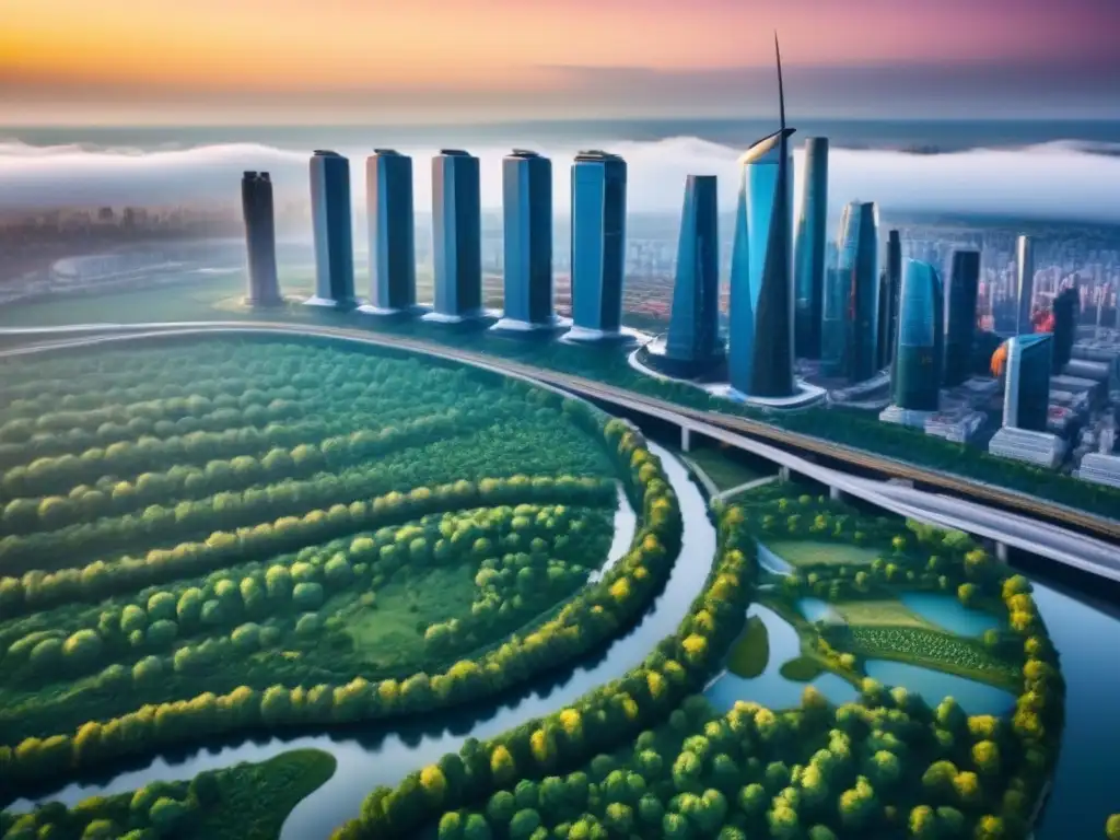 Metrópolis verde del futuro: diseño sostenible en 8k Vista panorámica de ciudad futurista con diseño sostenible, integrando naturaleza y tecnología