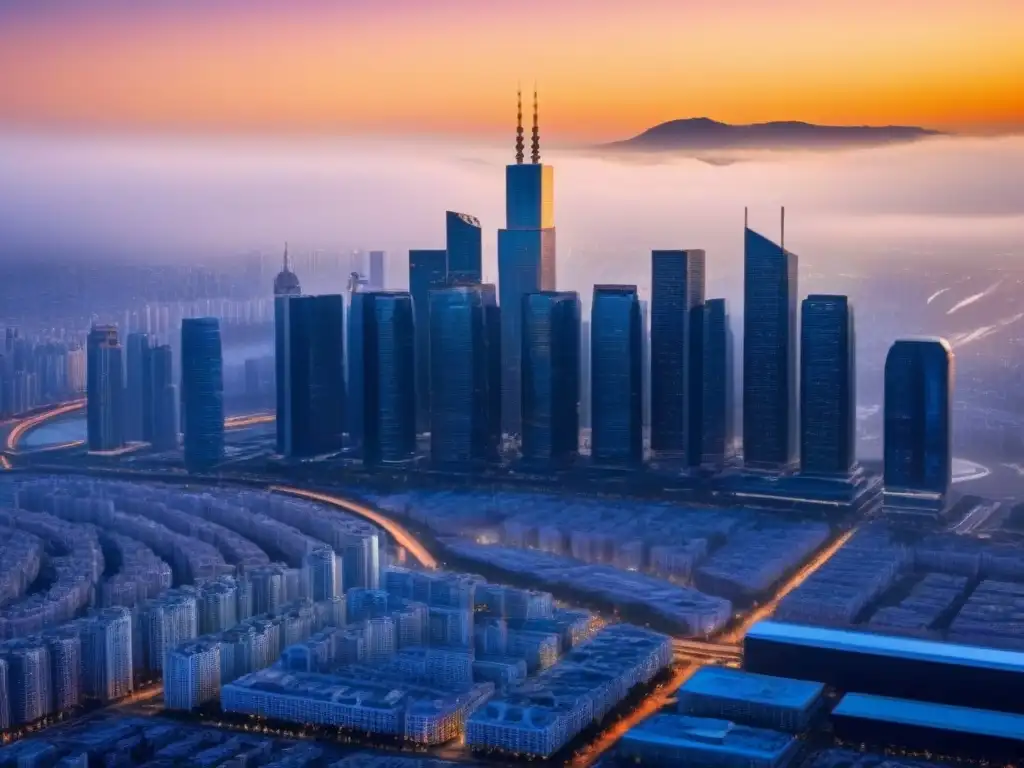 Horizonte futurista: skyline dorado de rascacielos en 8k Vista panorámica de una ciudad futurista al atardecer, destacando la moderna arquitectura y la Legislación inversiones inmobiliarias alto valor