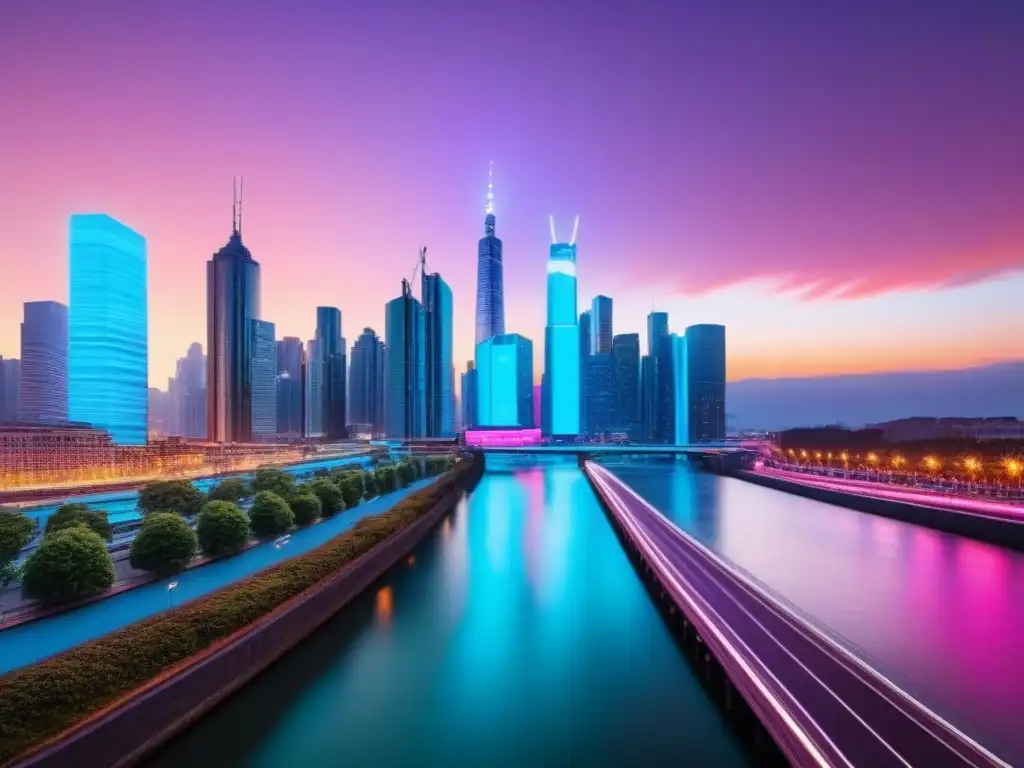 Metrópolis futurista: luces neón en río sereno Vista panorámica de una ciudad futurista al anochecer con rascacielos iluminados por luces neón, reflejados en un río sereno