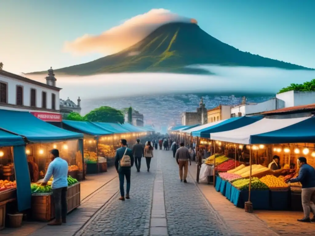 Vibrante Ciudad Latinoamericana: Mercado y Rascacielos Vista panorámica de una ciudad latinoamericana, con rascacielos modernos y edificios coloniales