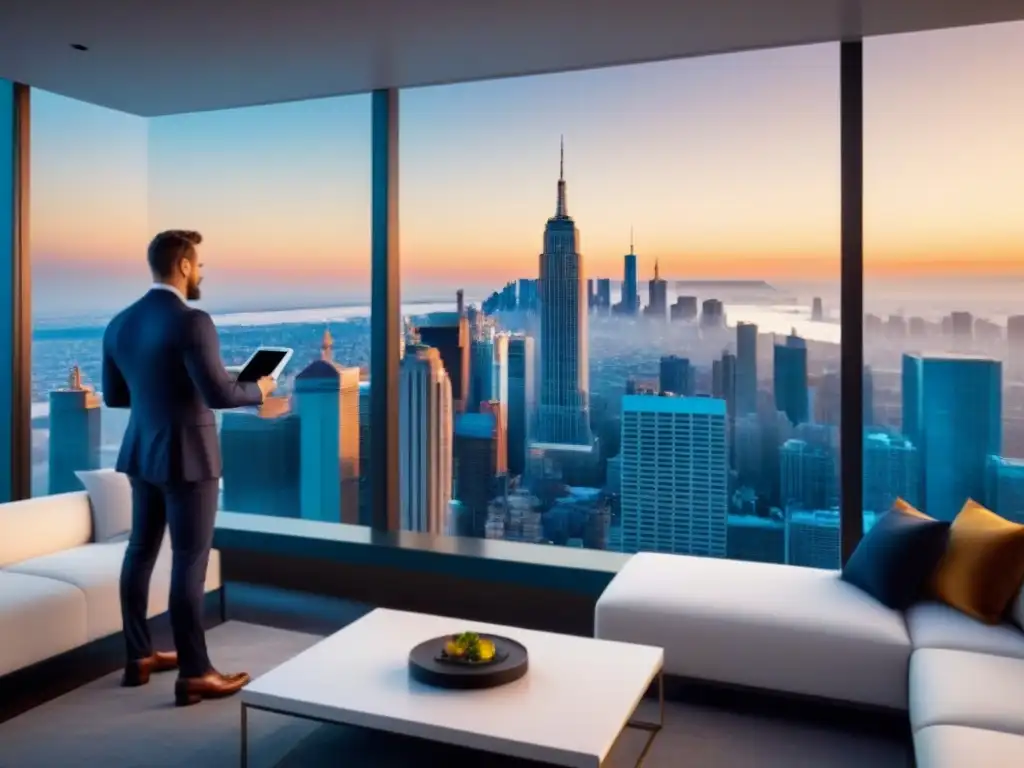 Penthouse de lujo con vista panorámica a la ciudad y tecnología blockchain Vista panorámica de ciudad desde lujoso ático moderno con decoración contemporánea y datos criptomonedas en tiempo real
