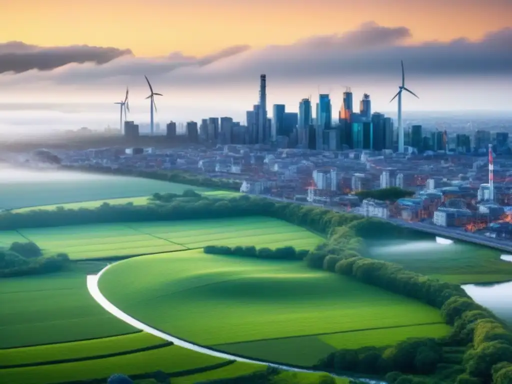 Skyline sostenible: ciudad ecológica y moderna Vista panorámica de una ciudad moderna con edificios ecológicos, techos verdes, paneles solares y turbinas eólicas, reflejando las regulaciones ambientales en restauración inmobiliaria
