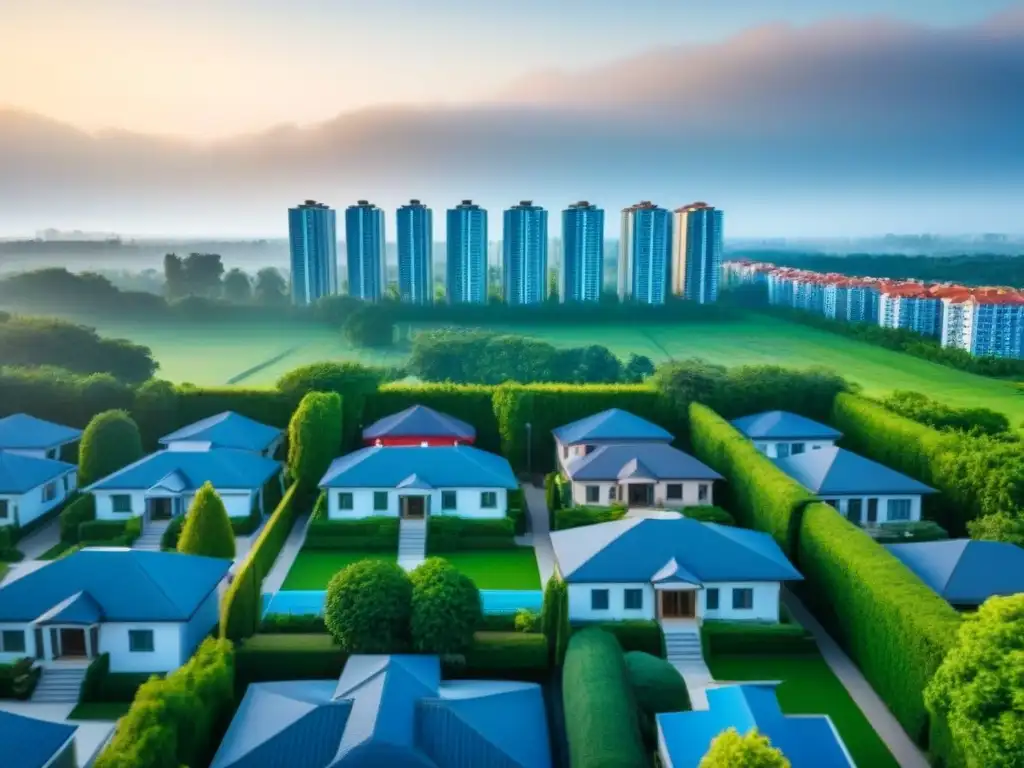 Vista panorámica de ciudad moderna y segura: casas y apartamentos rodeados de naturaleza en un entorno comunitario responsable Vista panorámica de una ciudad moderna con diversos edificios residenciales, rodeados de árboles y parques