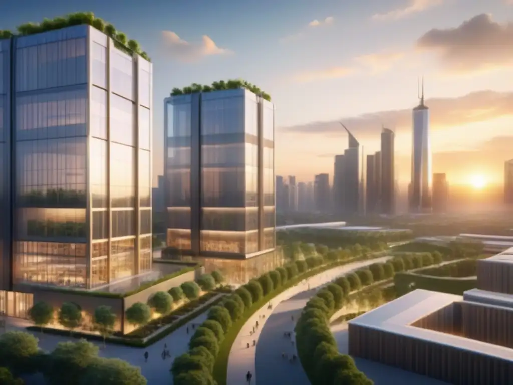 Horizonte urbano moderno: innovación y crecimiento Vista panorámica de ciudad moderna con edificios comerciales altos y espacios verdes al atardecer
