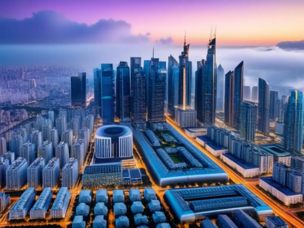 Metrópolis moderna: un paisaje urbano vibrante y sofisticado Vista panorámica de una ciudad moderna con rascacielos y diseño arquitectónico innovador