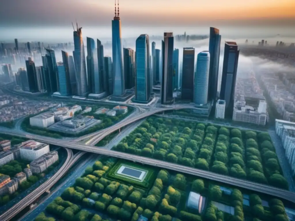 Skyline futurista de ciudad moderna en 8k Vista panorámica de una ciudad moderna llena de rascacielos y espacios verdes, reflejando innovación y progreso en el mercado inmobiliario