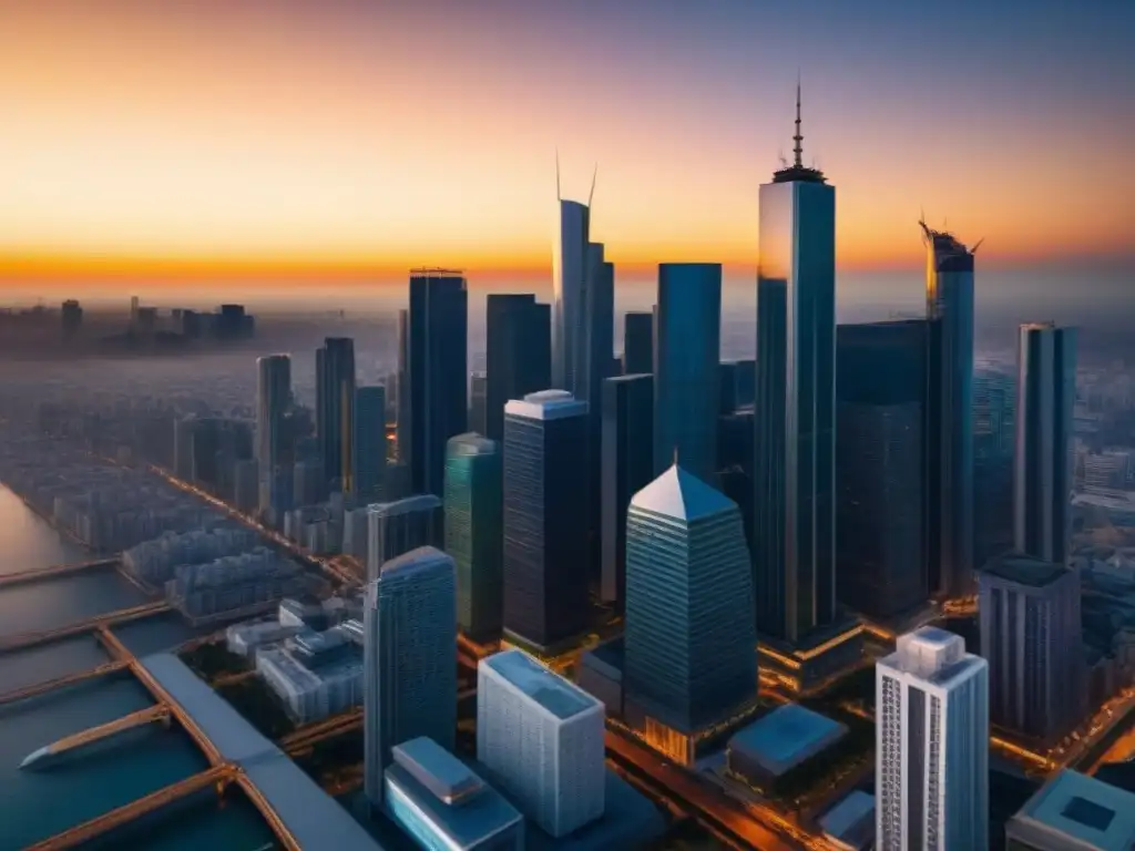 Oportunidades inmobiliarias en la ciudad al atardecer Vista panorámica de una ciudad moderna al atardecer con rascacielos iluminados por el sol, evocando beneficios fiscales en productos hipotecarios