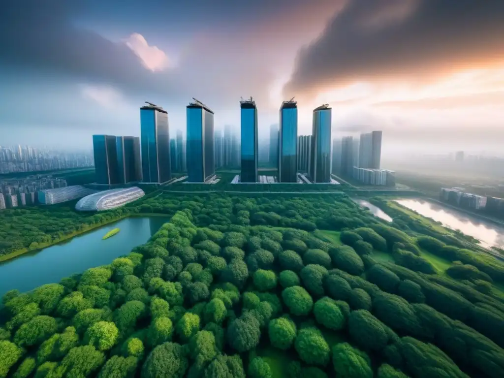 Skyline ecológico: integrando tecnología verde en la ciudad Vista panorámica de una ciudad moderna con rascacielos rodeados de parques verdes y tecnología renovable, mostrando la integración de la tecnología verde en entornos urbanos, Inversiones infraestructura verde internacional