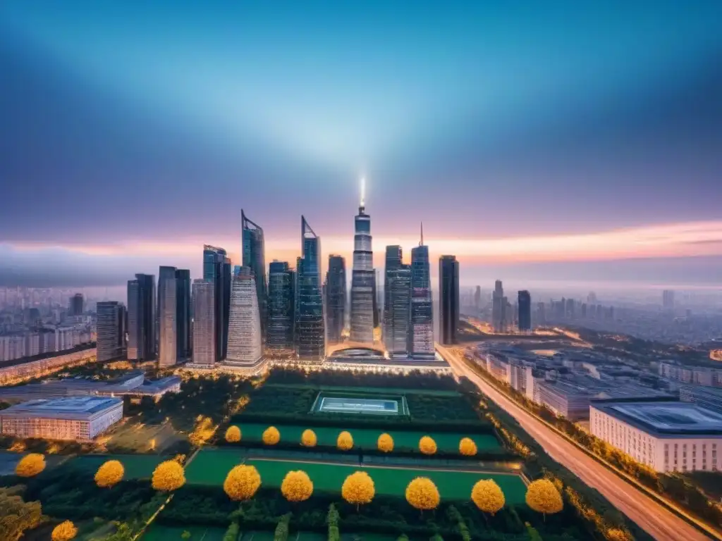 Skyline moderno: transparencia y progreso en la industria inmobiliaria Vista panorámica de la ciudad moderna al atardecer, destacando el progreso y transparencia en el mercado inmobiliario