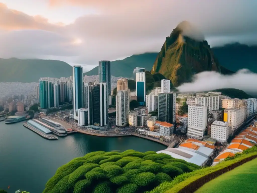 Escena urbana dinámica en Sudamérica: inversión inmobiliaria estratégica Vista panorámica de una ciudad en Sudamérica con modernos rascacielos y edificios coloniales