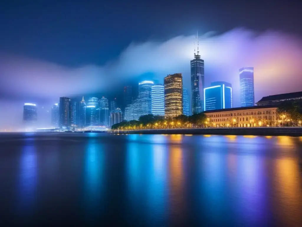 Espléndida ciudad nocturna: rascacielos iluminados junto al río Vista panorámica de una ciudad nocturna con edificios comerciales iluminados y un río sereno