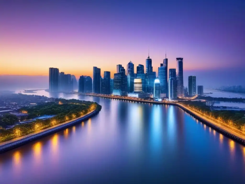 Horizonte urbano al atardecer: luces vibrantes y serenidad junto al río Vista panorámica de una ciudad vibrante al atardecer, con rascacielos iluminados y un río sereno reflejando las luces de la ciudad