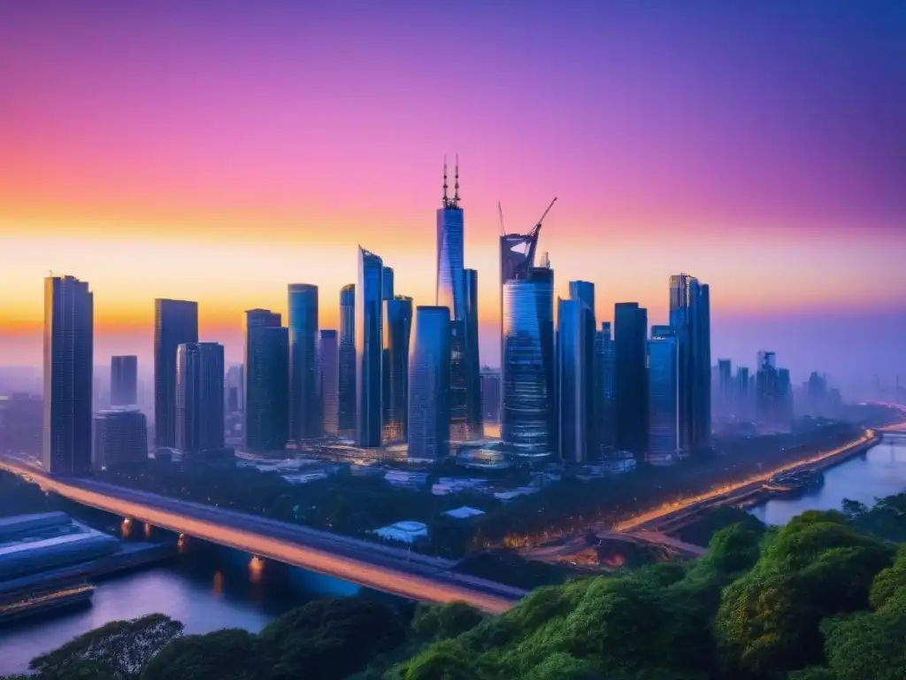 Horizonte urbano: metrópolis vibrante al atardecer Vista panorámica de una ciudad vibrante al atardecer, con rascacielos modernos iluminados en un cielo colorido al anochecer