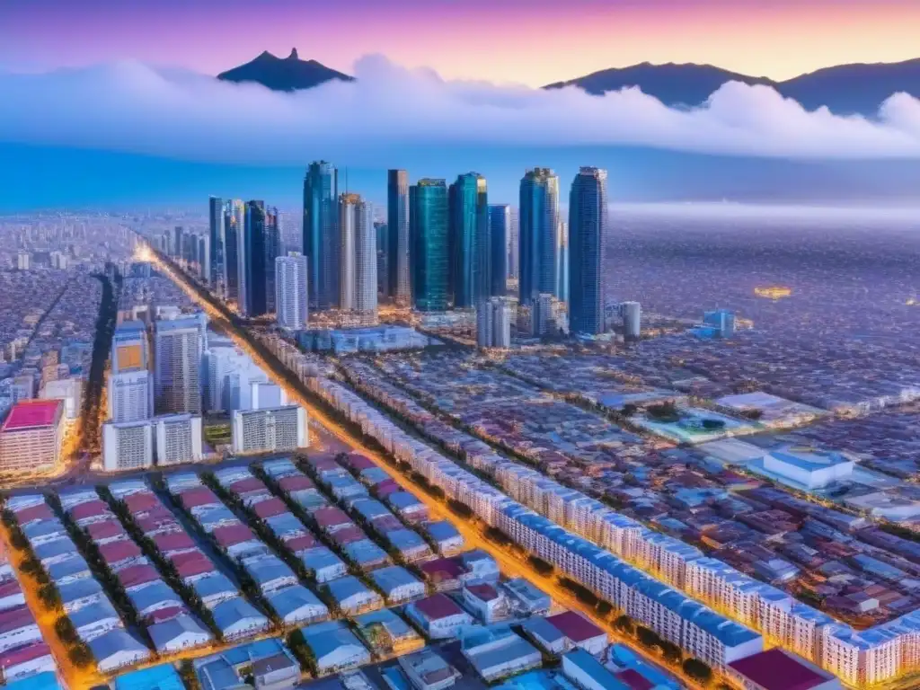 Espectacular ciudad mexicana: mercado inmobiliario vibrante Vista panorámica detallada de una ciudad mexicana moderna con rascacielos y calles bulliciosas, bajo un cielo azul brillante