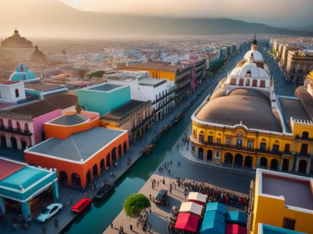 Cityscape mexicano: fusión histórica y moderna Vista panorámica detallada de una ciudad mexicana, fusionando arquitectura colonial con rascacielos modernos, mercados callejeros y bullicio urbano
