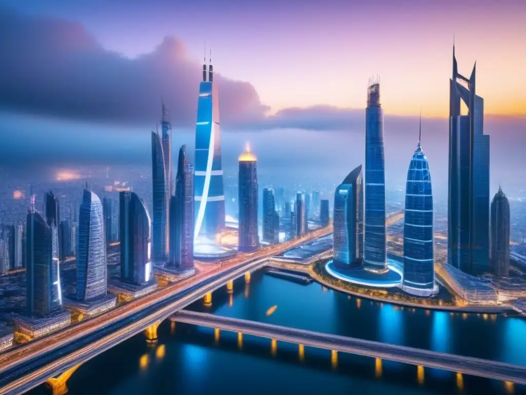 Metrópolis futurista: atractivo mercado inmobiliario global Vista panorámica futurista de una ciudad con rascacielos altos y arquitectura avanzada, mostrando un mercado inmobiliario internacional vibrante