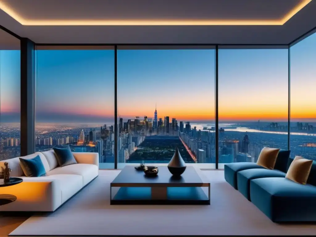 Propiedad de lujo: vista panorámica en ciudad vibrante al atardecer Vista panorámica de lujo en una propiedad moderna con detalles elegantes y sofisticados