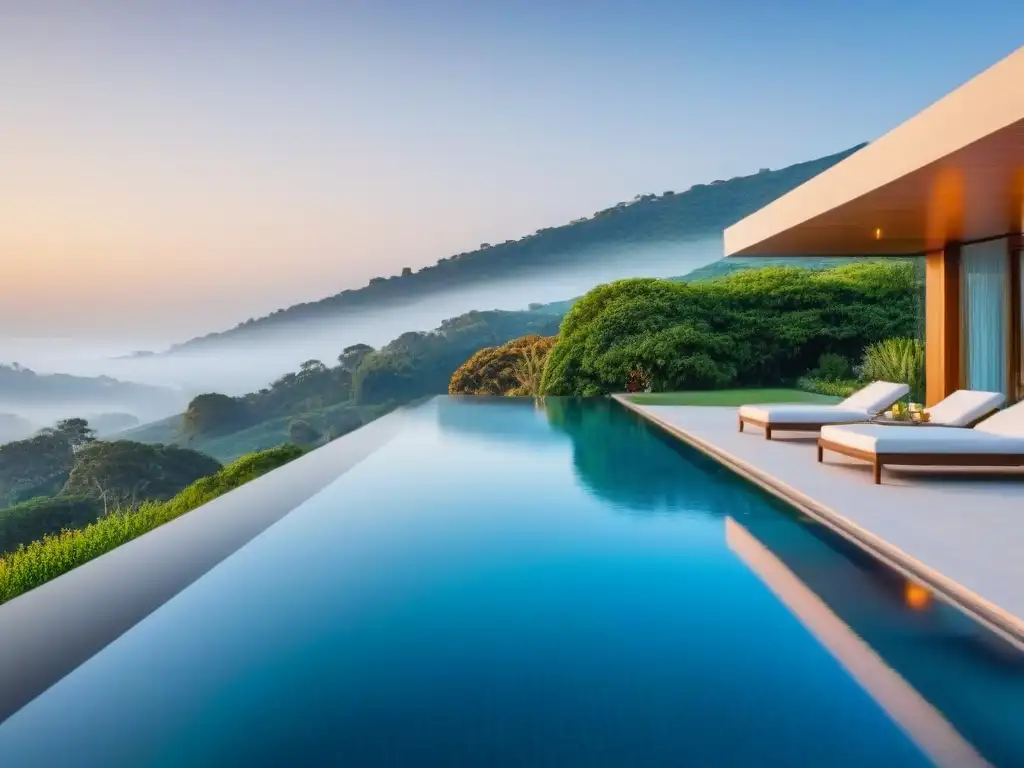 Residencia de lujo con piscina infinita y vistas panorámicas Vista panorámica de una lujosa mansión moderna con piscina infinita y jardines, rodeada de colinas y cielo azul
