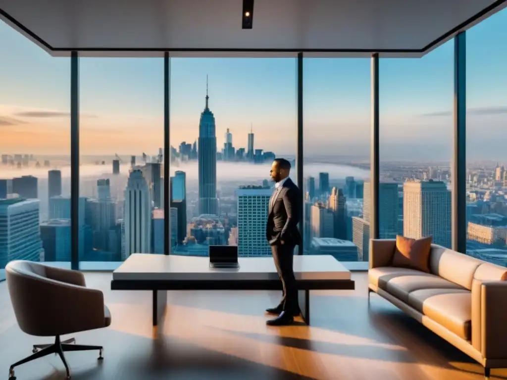 Oficina de lujo con vistas a la ciudad para inversores inmobiliarios Vista panorámica de una lujosa oficina moderna con mobiliario minimalista y arte elegante en las paredes
