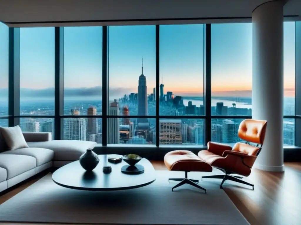 Interior de lujo con vista panorámica: IVA y bienes raíces Vista panorámica de una lujosa sala de apartamento moderno con mobiliario contemporáneo y arte vibrante, inundada de luz natural