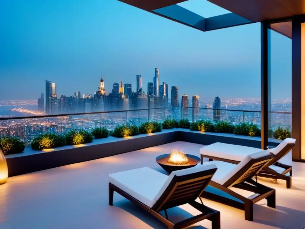 Penthouse de lujo con vistas urbanas y diseño sofisticado Vista panorámica de un lujoso ático moderno con diseño elegante y muebles contemporáneos, ideal para estrategias de apalancamiento en bienes raíces