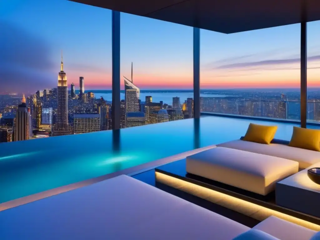 Penthouse de lujo con piscina privada y vistas panorámicas al atardecer Vista panorámica de un lujoso ático moderno al anochecer en la ciudad, ideal para adquirir propiedades de lujo