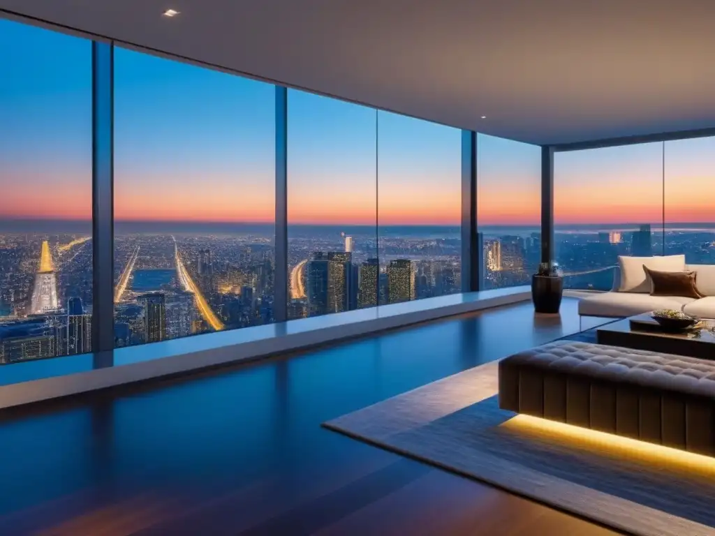 Penthouse de lujo en ciudad al atardecer: 8k detallado Vista panorámica de un lujoso ático moderno con mobiliario elegante y vistas a la ciudad al atardecer