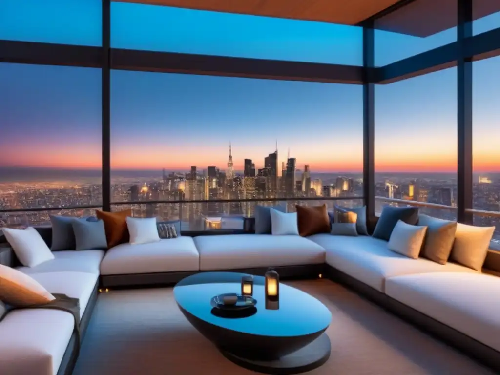 Penthouse moderno con vista panorámica a la ciudad Vista panorámica de un lujoso ático moderno con ventanales, mobiliario contemporáneo y terraza espaciosa