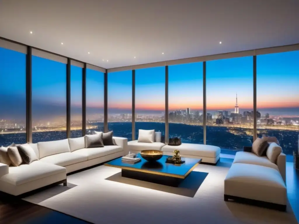 Penthouse de lujo con diseño moderno y vistas urbanas al atardecer Vista panorámica de un lujoso ático moderno al anochecer, mostrando diseño interior elegante y contemporáneo con arte y mobiliario chic