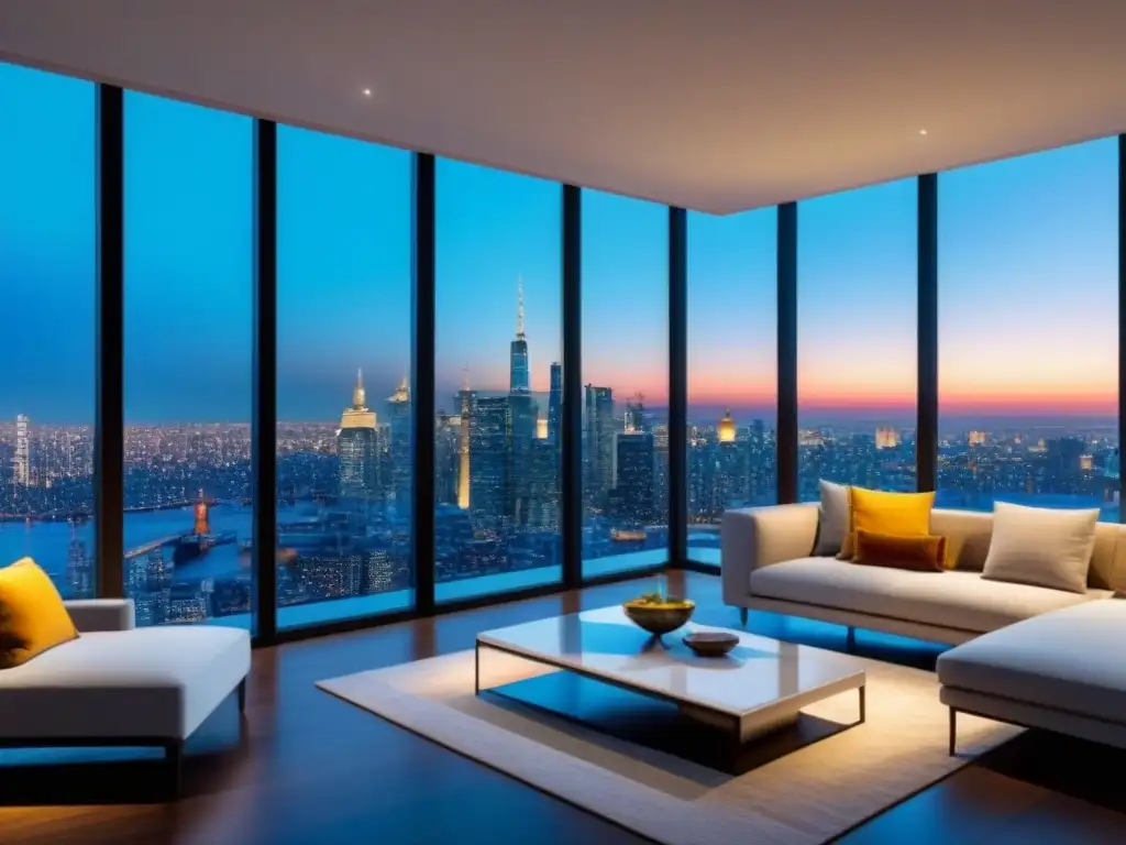 Penthouse moderno de lujo con vista urbana: exclusividad y sofisticación Vista panorámica de un lujoso ático moderno con diseño exclusivo y arte sofisticado, ideal para maximizar retorno inversiones inmobiliarias