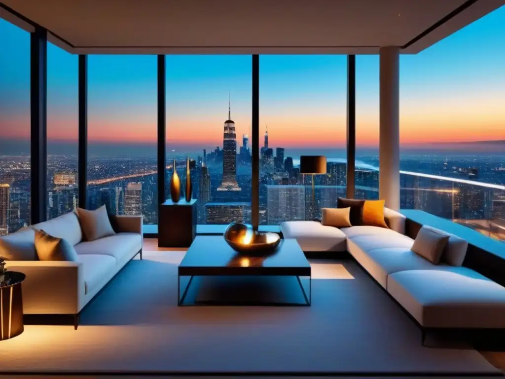 Penthouse de lujo con vista panorámica al atardecer Vista panorámica desde lujoso ático moderno en ciudad al atardecer