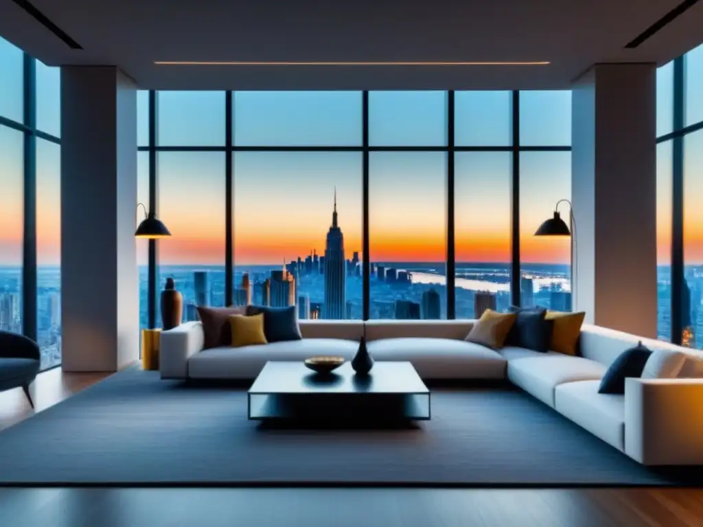 Penthouse moderno: lujo urbano en 8k Vista panorámica de un lujoso ático moderno con muebles contemporáneos y grandes ventanales