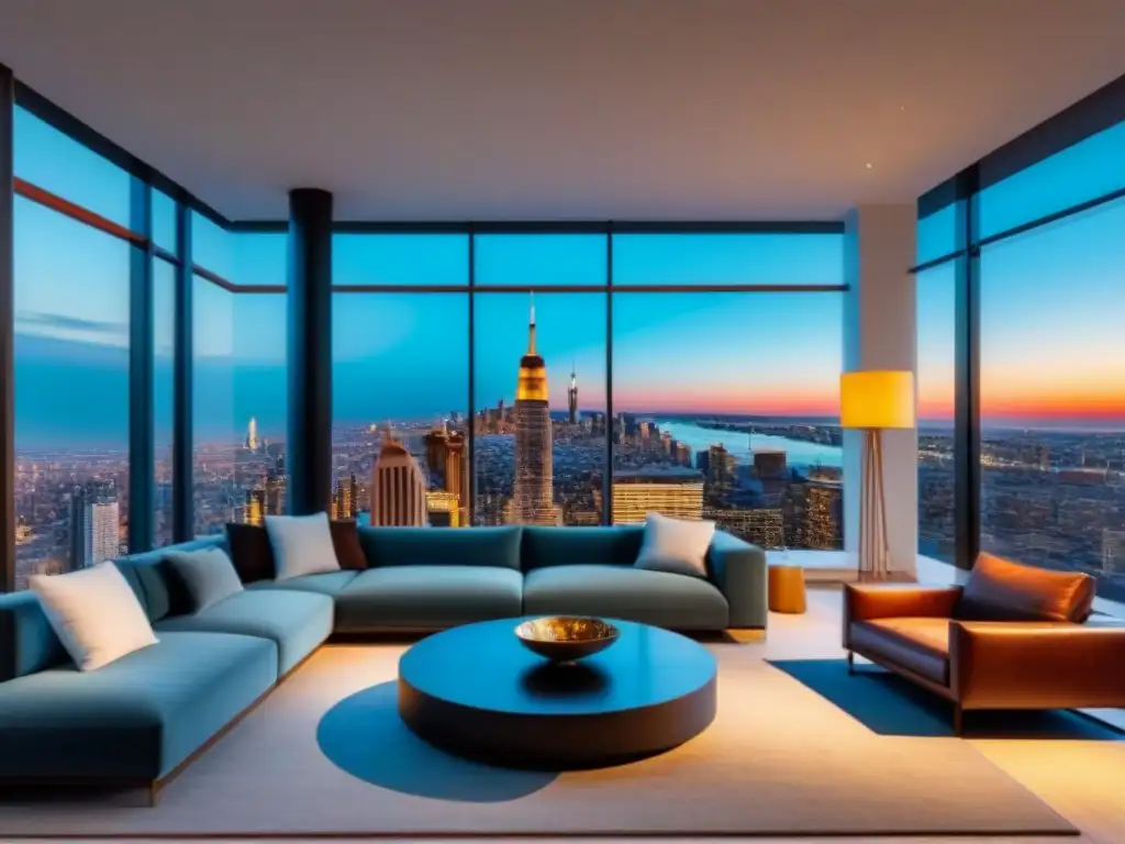 Penthouse de lujo con vista a la ciudad: diseño sofisticado y elegante Vista panorámica de un lujoso ático moderno con diseño sofisticado, reflejando éxito y riqueza