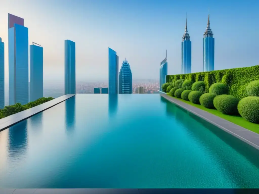 Edificio de lujo en España: arquitectura moderna con piscina infinita en la azotea Vista panorámica de un lujoso rascacielos moderno en España con piscina infinita en la azotea y vegetación exuberante