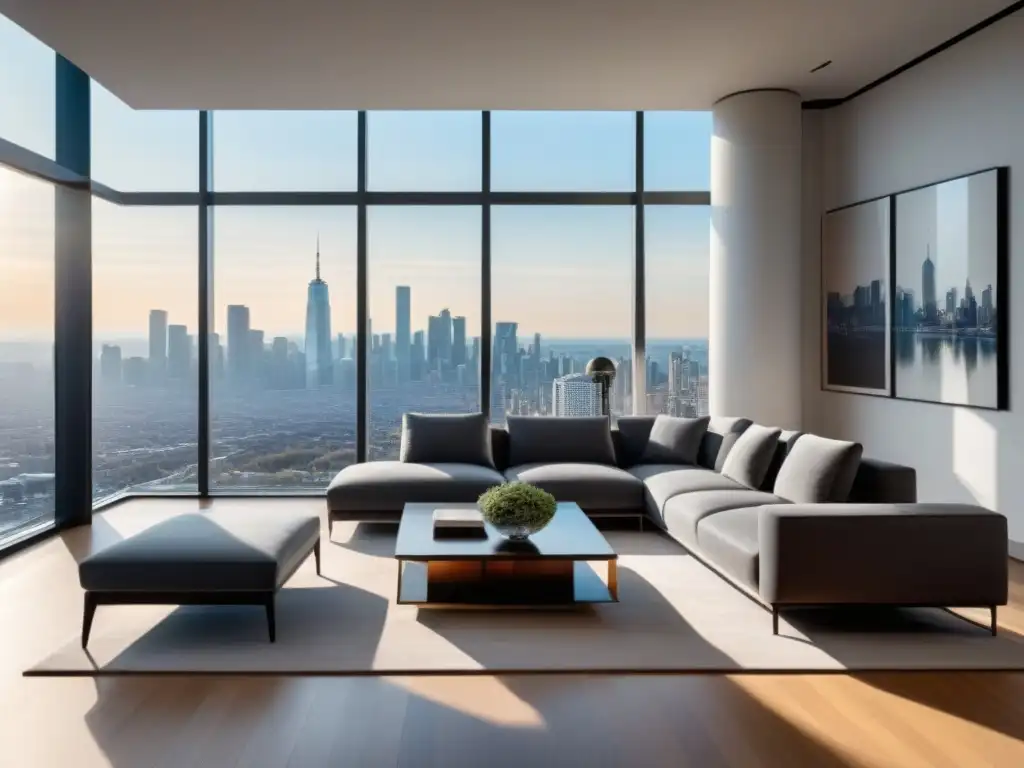 Salón moderno de lujo con vista panorámica en apartamento de altura Vista panorámica de un lujoso salón moderno en un apartamento de altura, con decoración minimalista