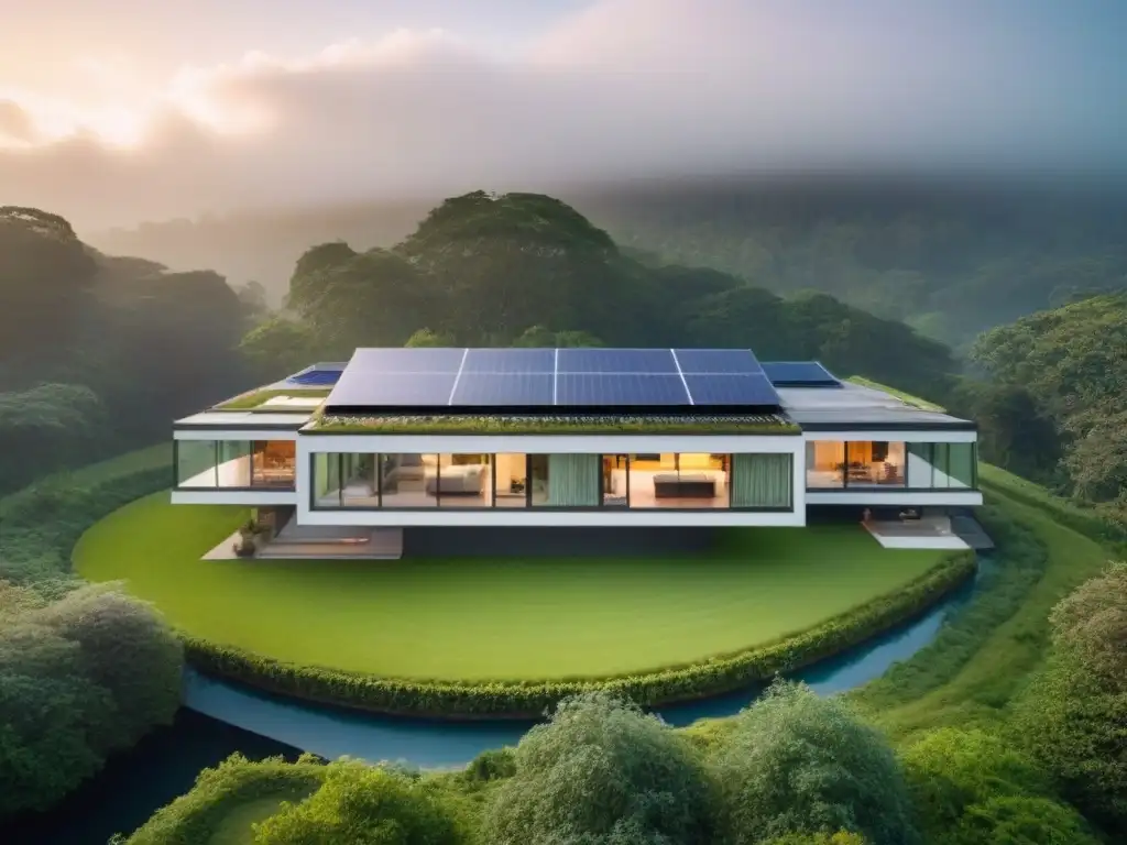 Edificio ecoamigable integrado en paisaje verde Vista panorámica de un paisaje verde con edificio ecológico moderno integrado en armonía con la naturaleza