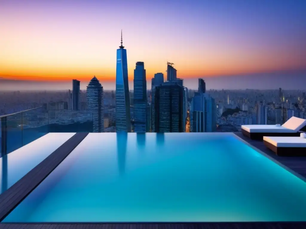 Penthouse de lujo en Buenos Aires con infinity pool en la azotea Vista panorámica de penthouse de lujo en Buenos Aires con piscina infinita privada al atardecer
