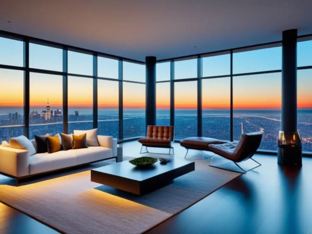 Espectacular penthouse de lujo con vista panorámica en ciudad al anochecer Vista panorámica de penthouse moderno de lujo en ciudad emergente al anochecer
