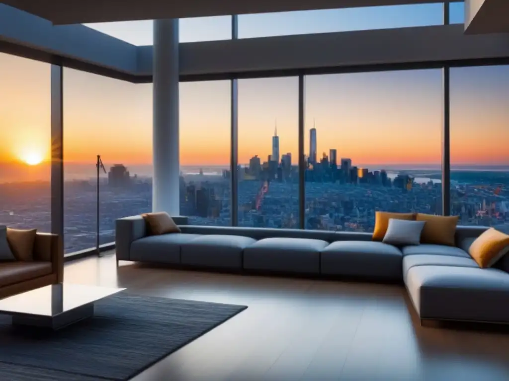 Penthouse de lujo con vistas a la ciudad al atardecer Vista panorámica de penthouse moderno al atardecer, con diseño elegante y muebles de lujo