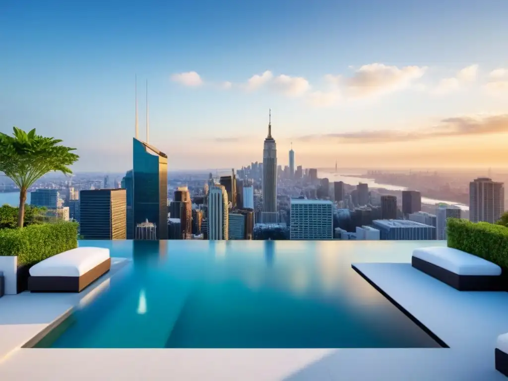 Exclusiva piscina infinita en azotea de lujo con vistas a la ciudad Vista panorámica de piscina infinita en azotea de lujo con ciudad al fondo, ideal para estrategias de inversión en inmuebles de lujo