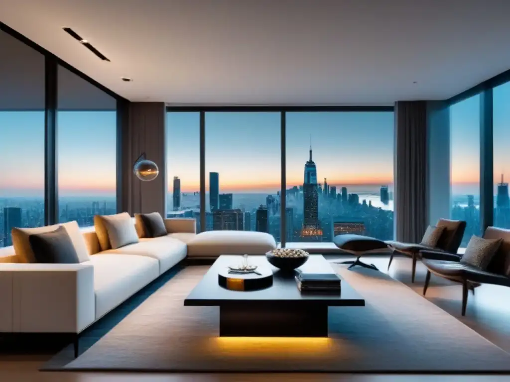 Salón de lujo y modernidad en apartamento de gran altura Vista panorámica de sala lujosa en apartamento moderno con tecnología inteligente, integrada y elegante