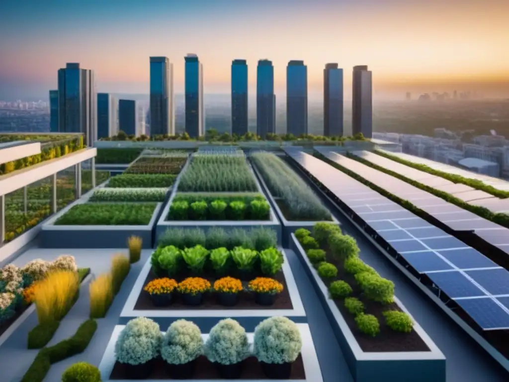 Metrópolis sostenible: beneficios de exenciones fiscales en bienes raíces Vista panorámica urbana al atardecer con edificios modernos, jardines en azoteas y paneles solares