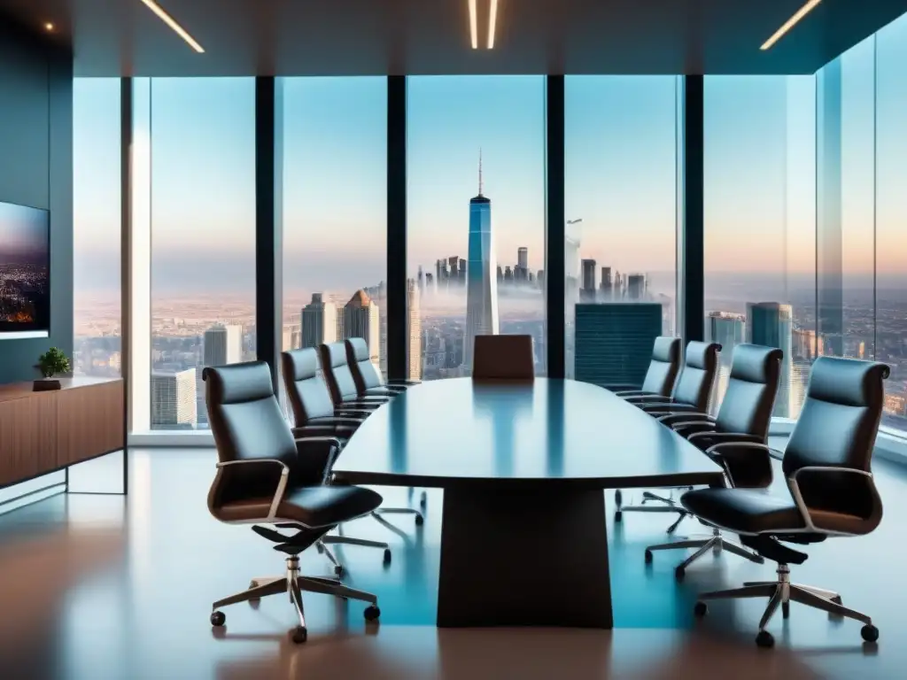 Salón de juntas moderno y elegante con vista urbana Vista de una sala de juntas moderna con vista a la ciudad, perfecta para Mejores estrategias salida inversionistas inmobiliarios