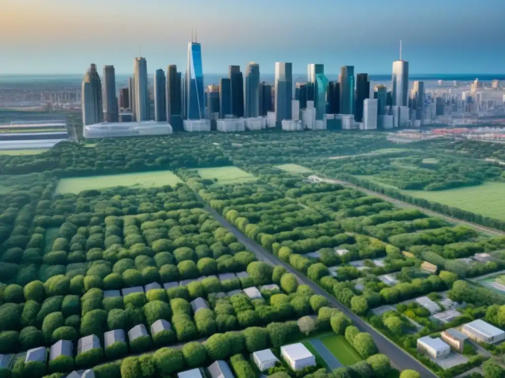 Horizonte urbano sostenible: modernidad entre edificios y parques Vista urbana con armoniosa mezcla de edificios modernos y espacios verdes, reflejando ley de zonificación en restauración