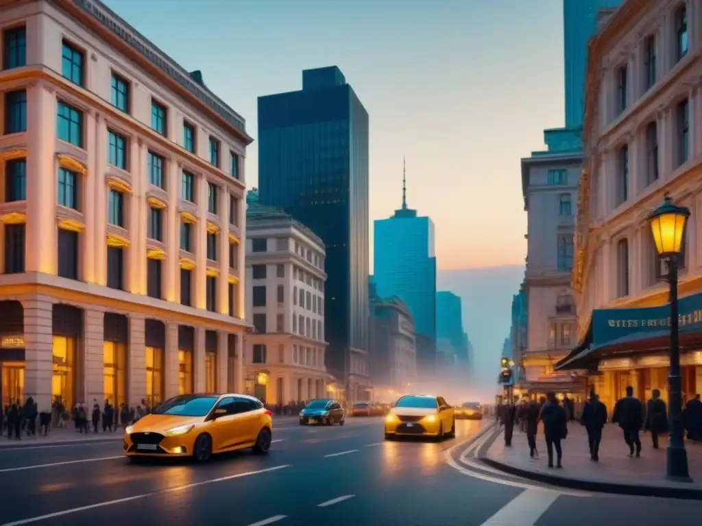 Contraste urbano: historia y modernidad en ciudad al anochecer Vista urbana al anochecer con arquitectura histórica y modernos rascacielos iluminados