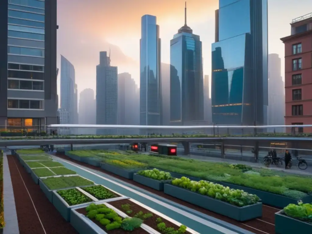 Metrópolis sostenible: cielo urbano verde al atardecer Vista urbana al atardecer con prácticas ecológicas en planificación urbana
